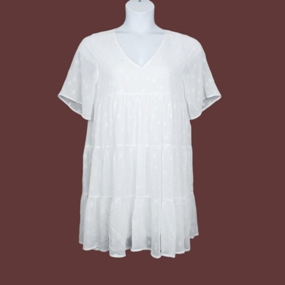 Entro Womens Short Sleeve White Star Chiffon Tiered Babydoll Mini Dress Size S - Picture 1 of 9